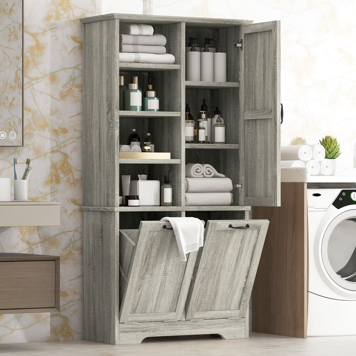 Freestanding Bathroom Storage Cabinet With Doors And Drawers, Adjustable Shelves, Tilt-Out Laundry Hamper