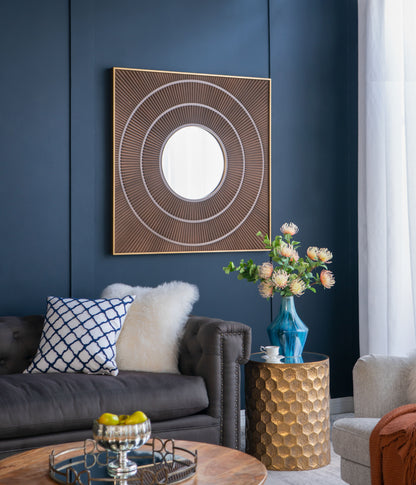 Square Carved Mirror With Pleated Design WithIron Frame, Neutral Colorway Wall Decor For Living Room Bathroom Entryway