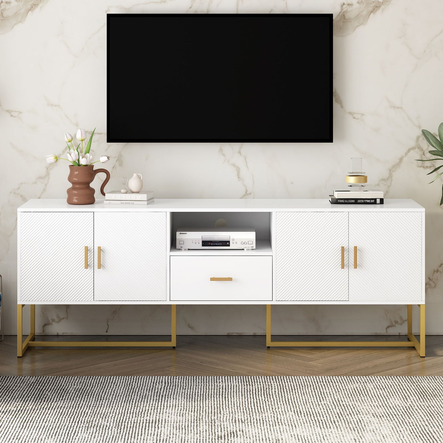 TV Cabinet With 1 Drawer, 2 Cabinets, Handles And Anti-Tip Device