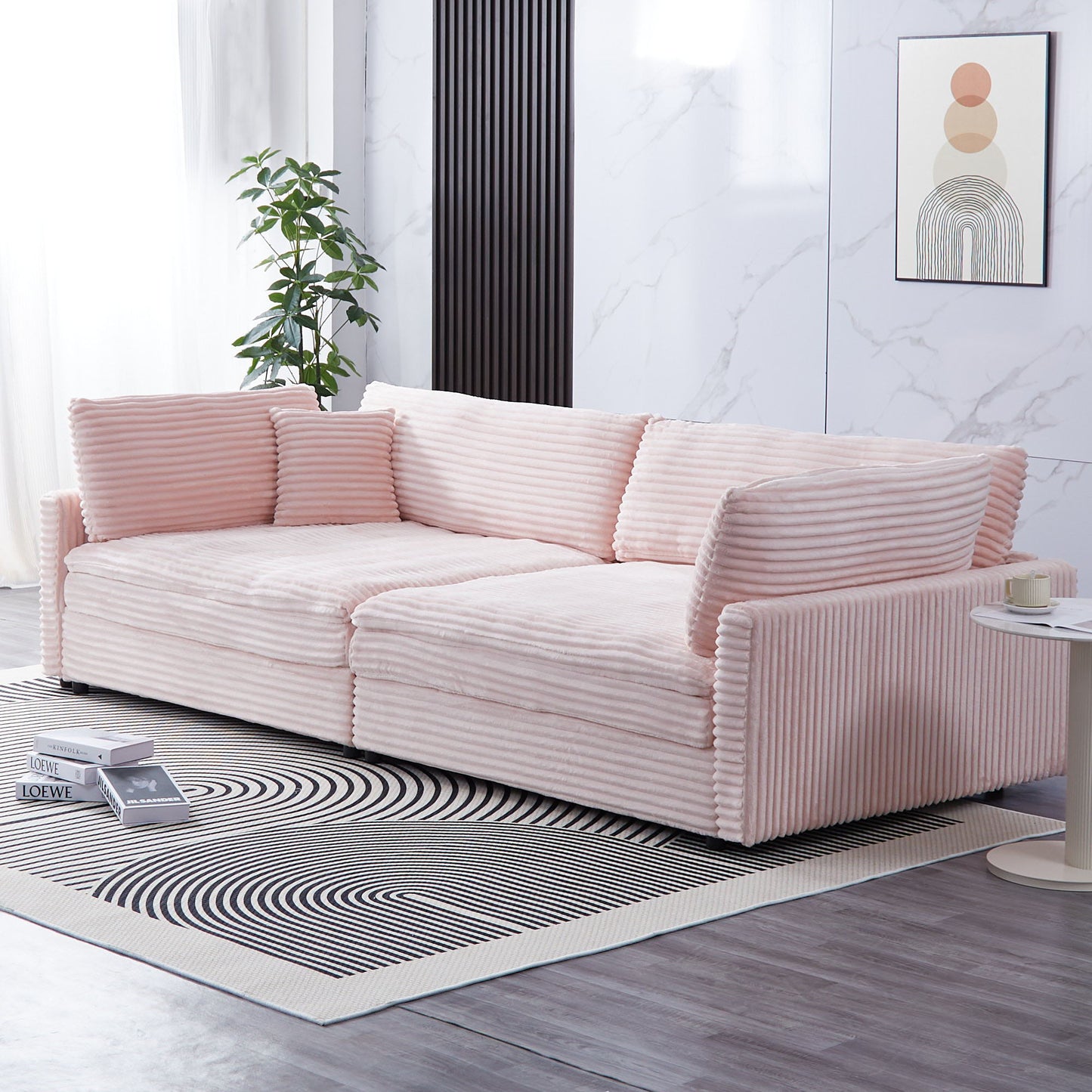 Elegant Corduroy Sofa With Throw Pillows And Backrests