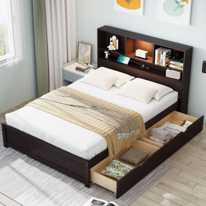 Platform Bed With Bookcase Headboard, Built-In Downlight, Charging Station, And 2 Side Drawers