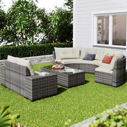 8 Pieces Outdoor Wicker Round Sofa Set, Half-Moon Sectional Sets All Weather, Curved Sofa Set With Rectangular Coffee Table, PE Rattan Water-Resistant And UV Protected, Movable Cushion