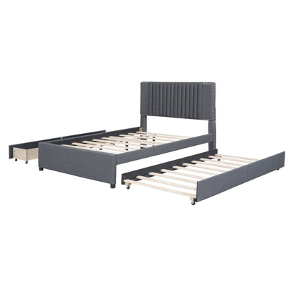 Upholstered Platform Bed With Drawers, Classic Headboard Design