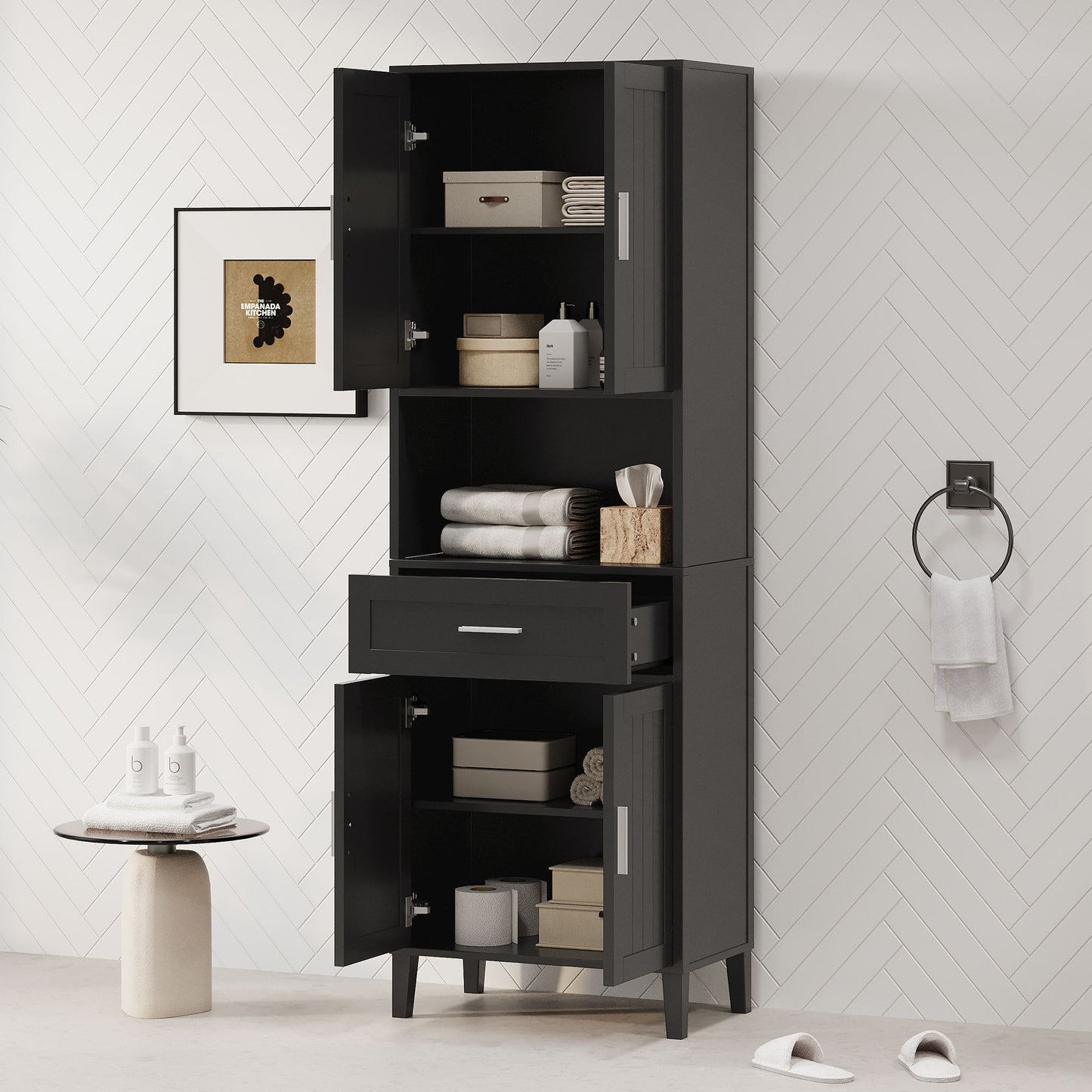 Freestanding Tall Bathroom Cabinet With Soft Close Doors And Adjustable Shelves