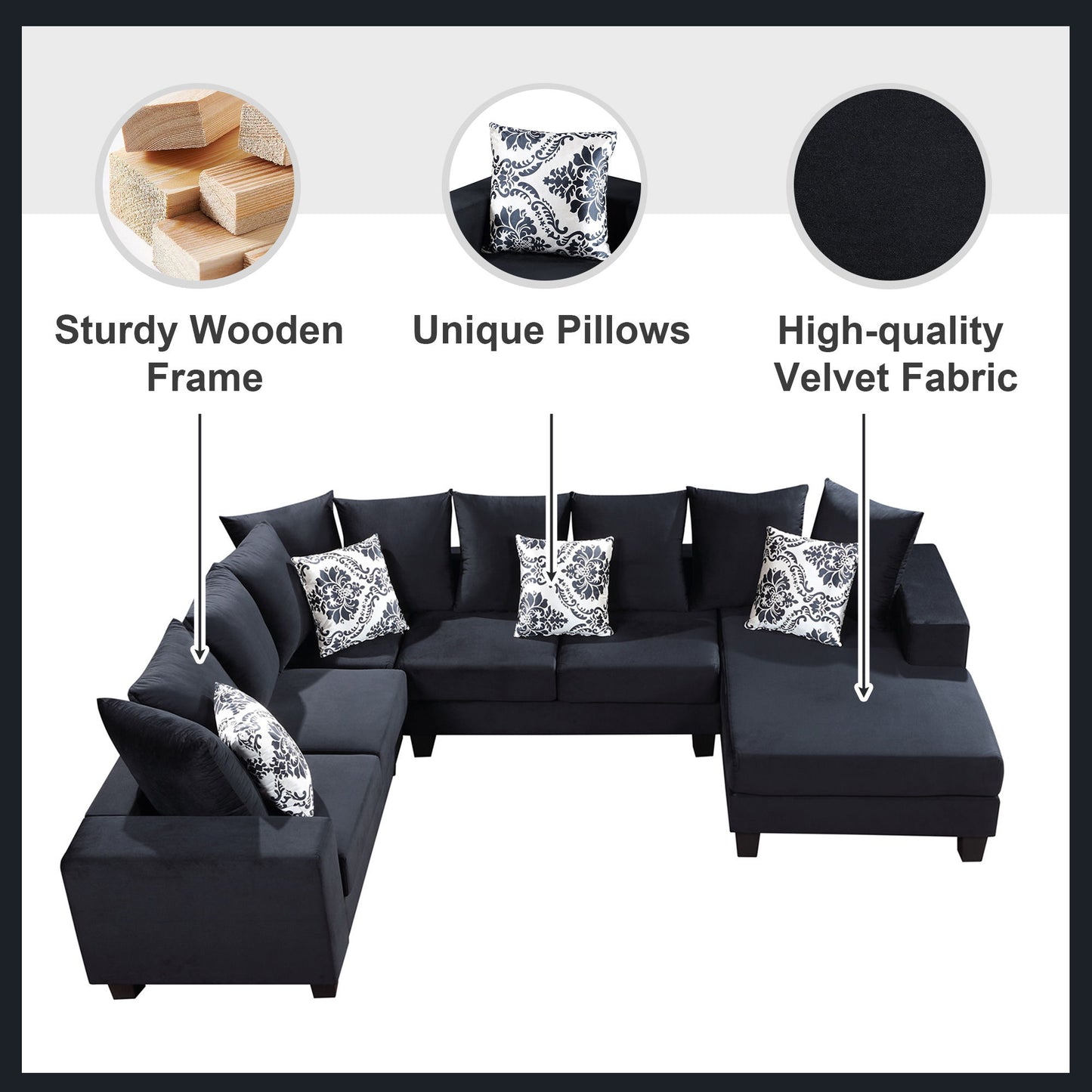 Modern U Shape Sectional Sofa Corner Couch With Lots Of Pillows Included, Elegant And Functional