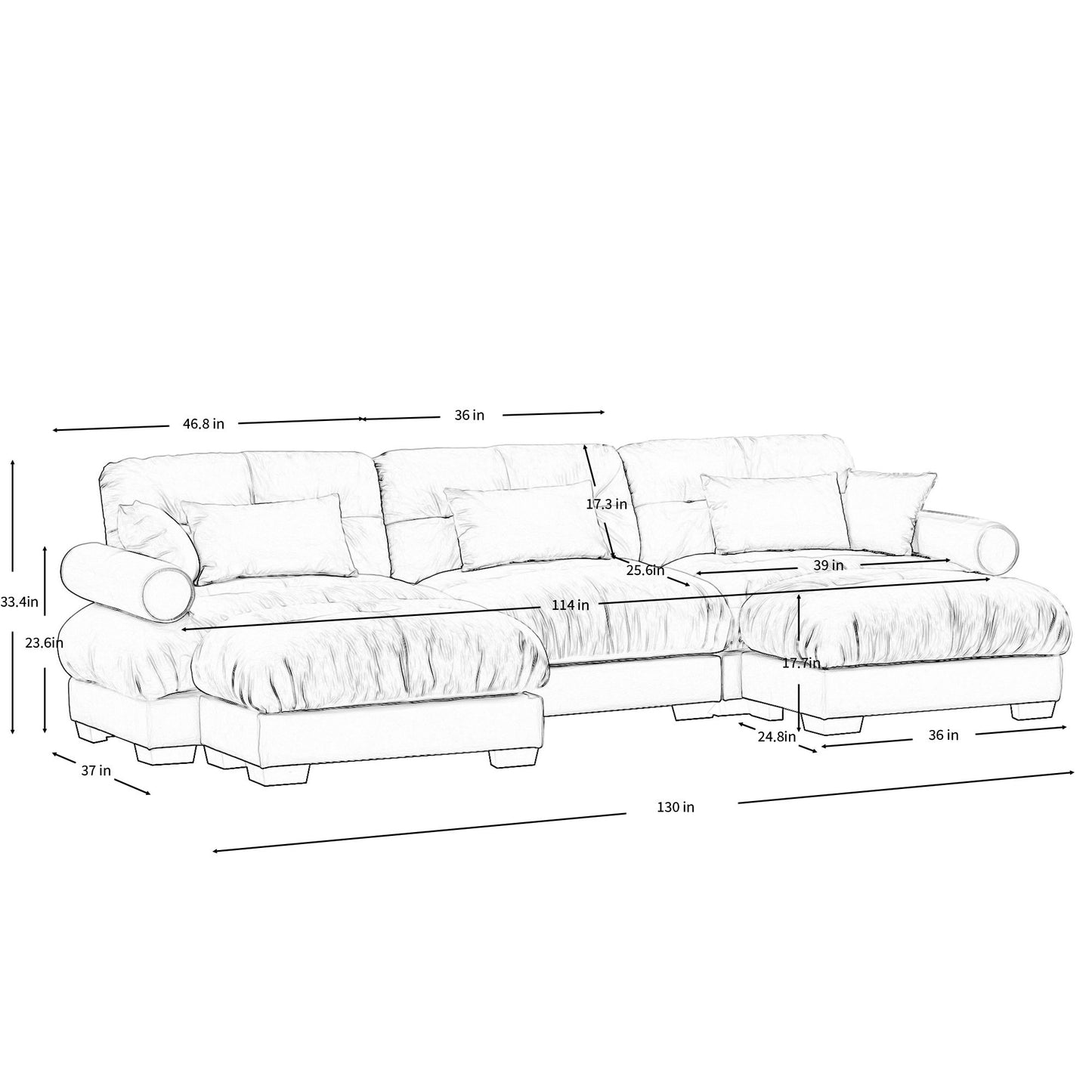 Modern Sectional Sofa With Ottoman, Round Bolster Armrests, Waist And Throw Pillows