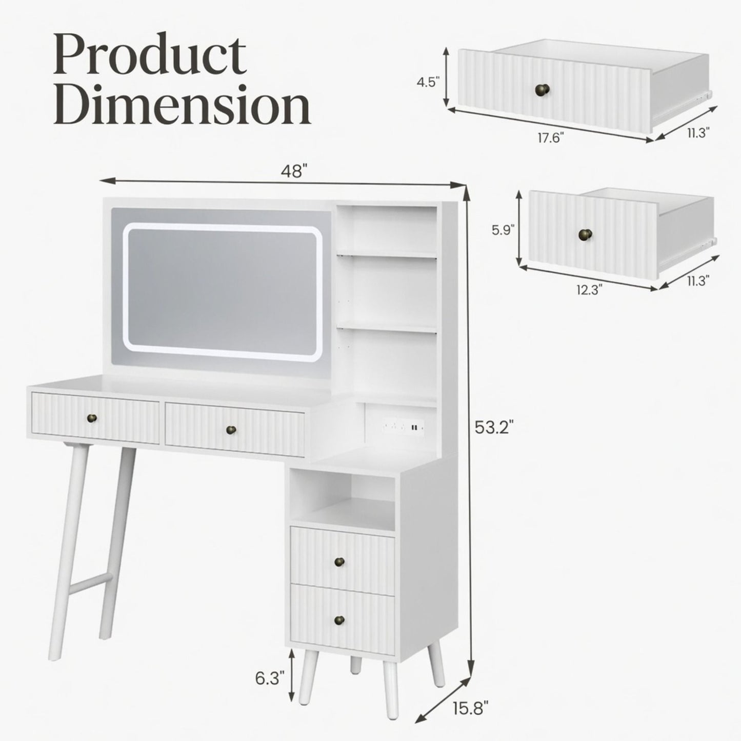 Fluted Vanity Desk With Lighted Mirror & Outlet 4 Drawer, Makeup Table - White