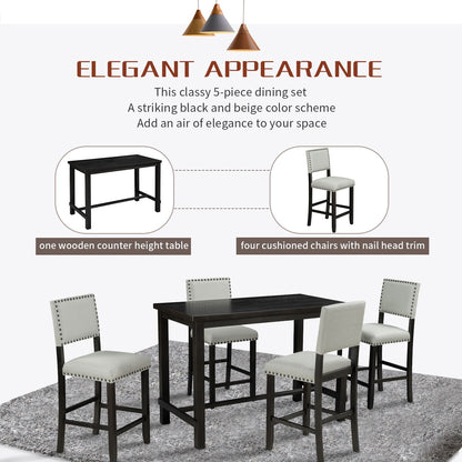 5 Piece Counter Height Dining Set, Classic Elegant Table And 4 Chairs - Espresso / Beige