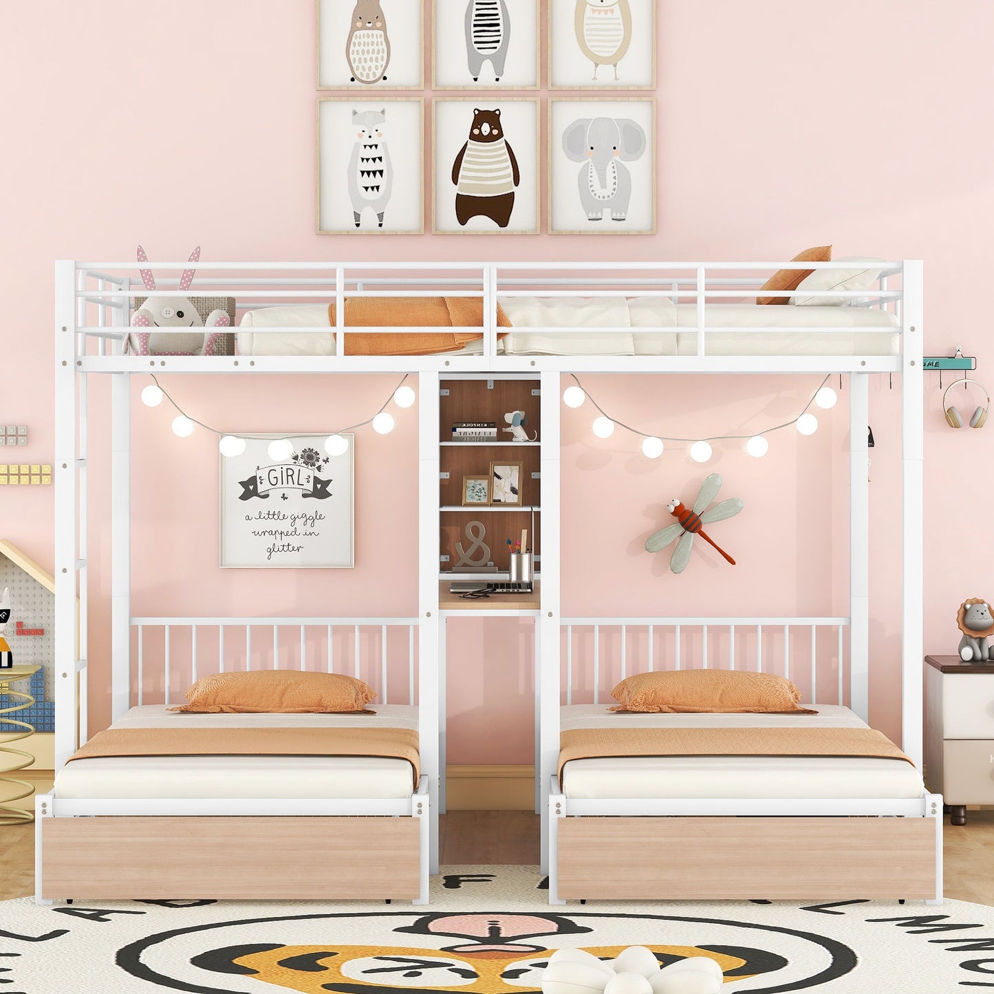 Triple Bunk Bed With Drawers, Multi-Functional Frame With Desks And Shelves In The Middle
