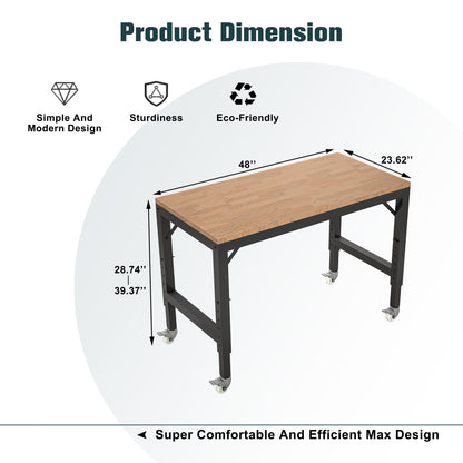 Heavy Duty Adjustable Workbench For Garage, Rubber Wood Shop Table WithMetal Wheels, Hardwood Workstation Weight Capacity Over 2000 Lbs With Wheels - Black