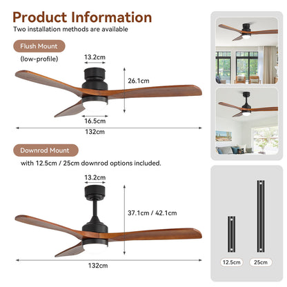 52" Ceiling Fan With Dimmable LED Light, 6 Speed DC Motor, 3 Blades