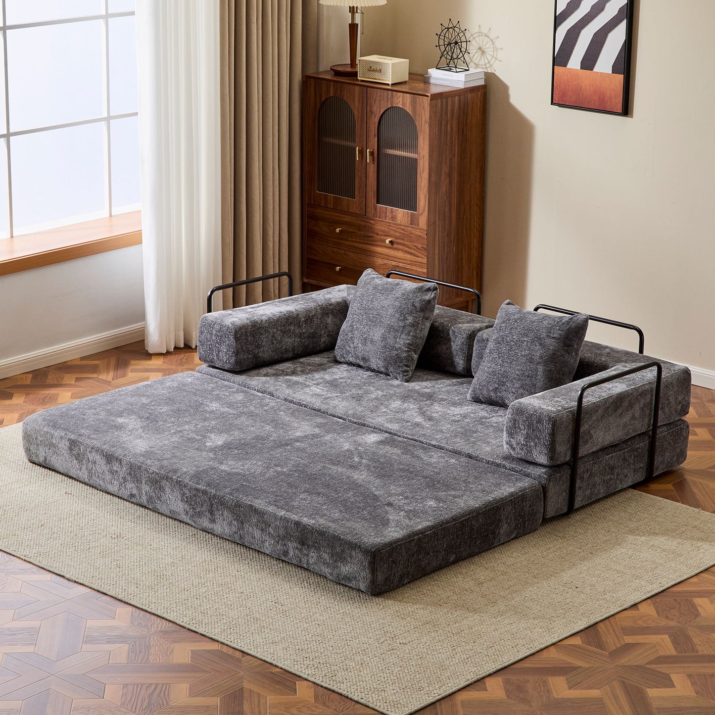 Convertible Floor Sofa Bed With Pillow Back Support Armrest