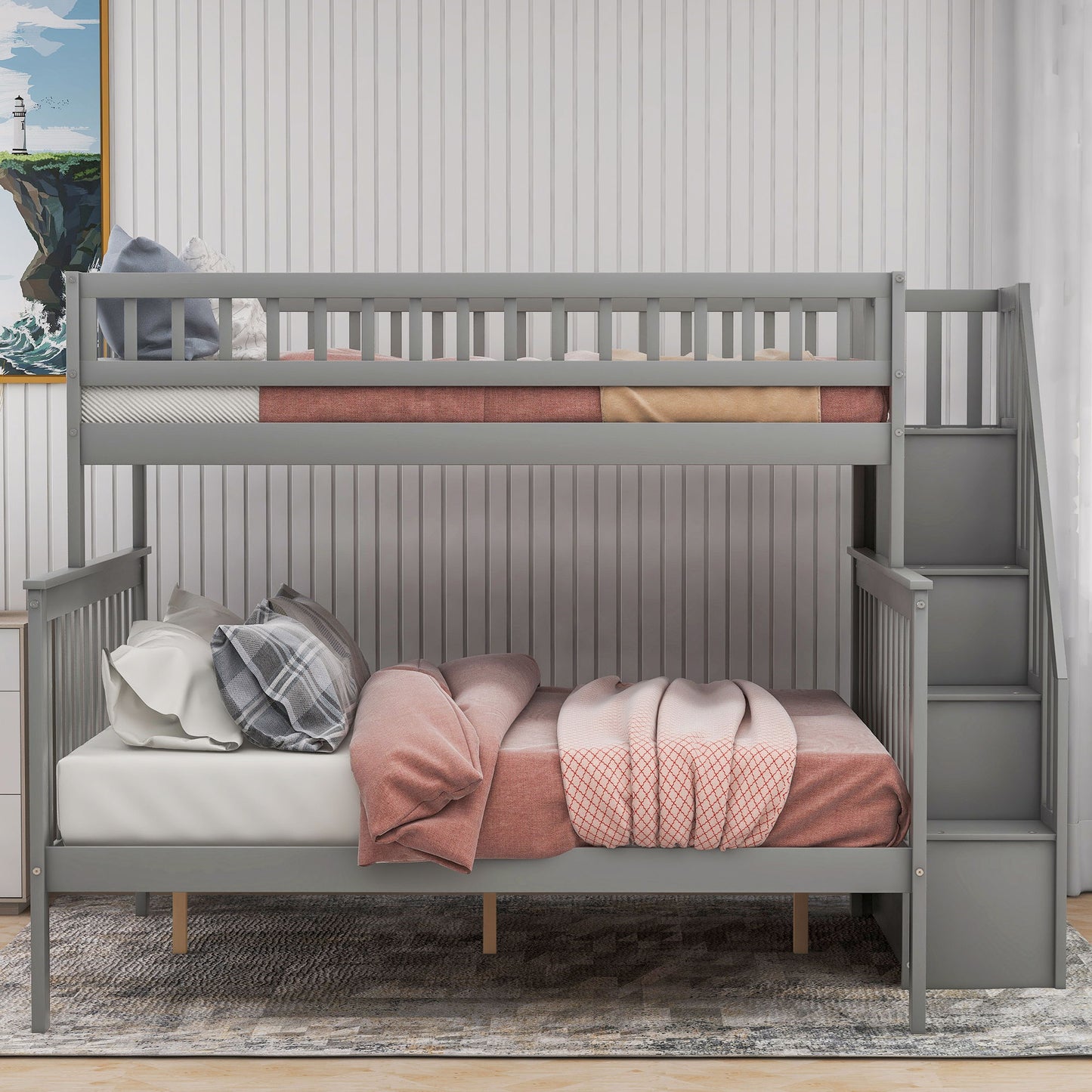 Twin Over Full Stairway Bunk Bed With Storage - Gray