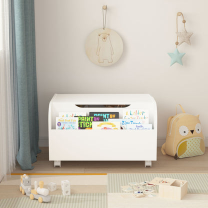 Toy Box With 4 Universal Wheels, Kids Playroom Storage Organizer With Front Bookshelf, Flip Top Lid, Safety Hinge - White