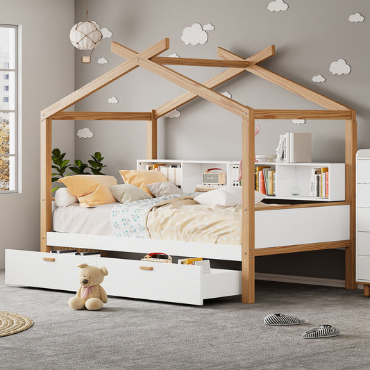 Wooden House Bed Original Wood Colored Frame With Two Drawers And Bookshelf Storage Space For Children Or Guest Room