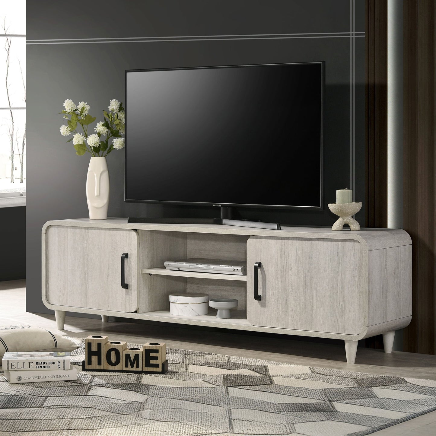 TV Stand With Sliding Doors And Handles, Living Room Furniture - Antique White