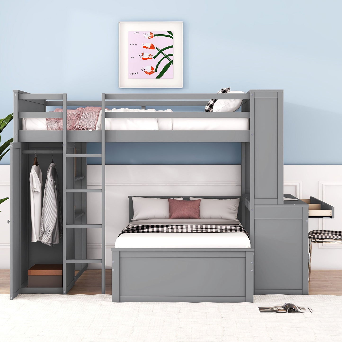 Loft Bed With A Twin Size Standalone Bed, Shelves, Desk, And Wardrobe