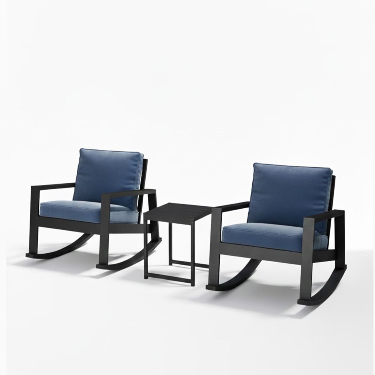 Outdoor Rocking Bistro Set Of 3, Oversized Rocking Chairs With Cushions And Side Table - Black / Blue