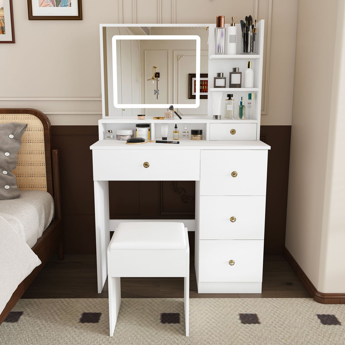 Vanity Desk With Mirror, 3 Color Lighting And Stool