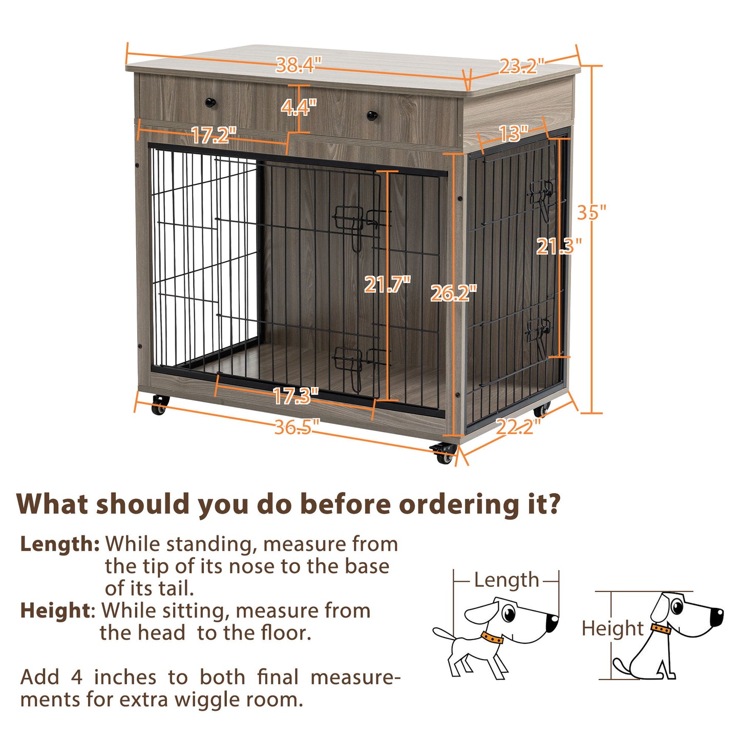 Dog Crate Furniture, Wooden Dog Crate End Table, 38.4" Dog Kennel With 2 Drawers Storage, Heavy Duty Dog Crate, Decorative Pet Crate Dog Cage For Large Indoor Use