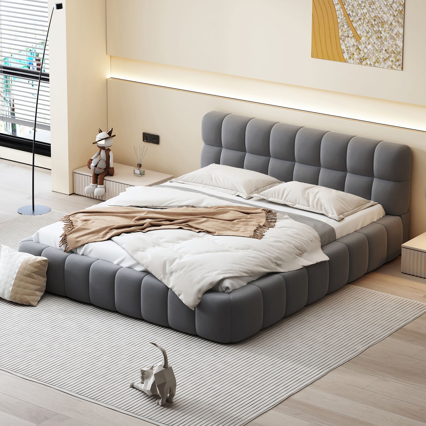 Upholstered Platform Bed With Thick, Grounded Bed With Solid Frame