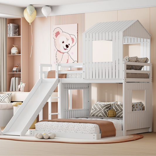 Wooden Twin Over Full Bunk Bed, Loft Bed With Playhouse, Farmhouse, Ladder, Slide And Guardrails - White