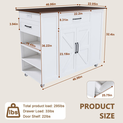 Rustic Movable Kitchen Island On Wheels With Storage & Power Outlet - White