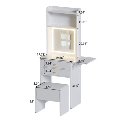 Contemporary Small Space Vanity Table Set With Adjustable Lighted Mirror And Storage Chair - White