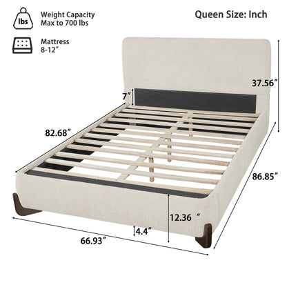 Queen Size Upholstered Bed With Slat Support - Beige