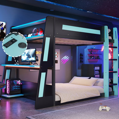 Gaming Bunk Bed With Desk, 2 Storage Shelves, USB And LED Light