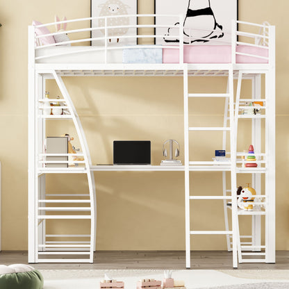 Loft Bed With 4 Layers Of Shelves And L-Shaped Desk, Stylish Metal Frame Bed With A Set Of Sockets, USB Ports And And Wireless Charging