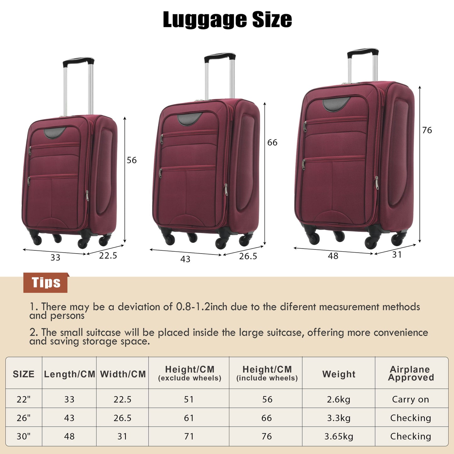 Softside Luggage Expandable 3 Piece Set Upright Spinner Lightweight Suitcase