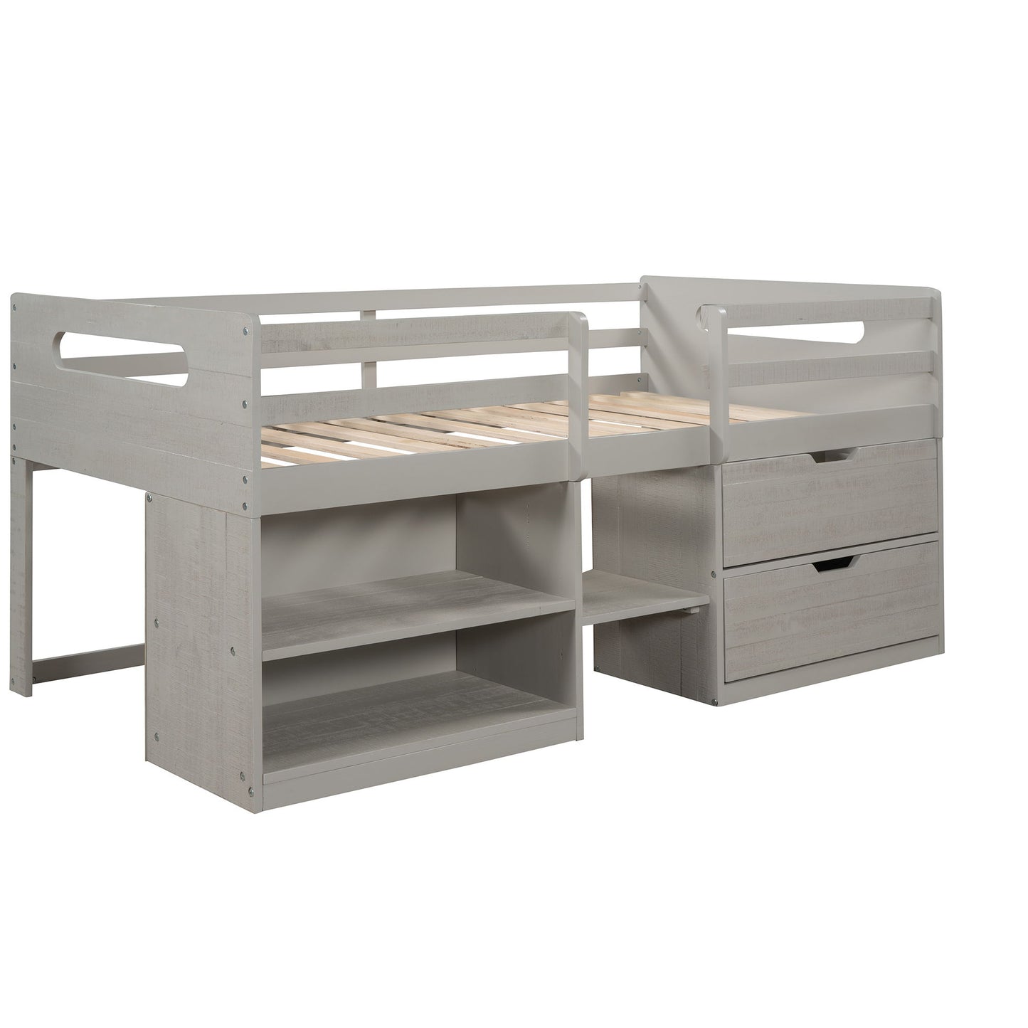 Twin Size Loft Bed With Two Shelves And Two Drawers