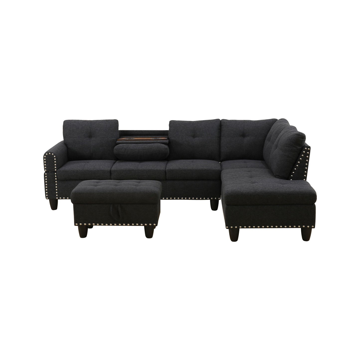 L - Shaped 3 Piece Sectional Sofa With Chaise, Storage Ottoman & Cup Holders