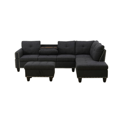 L - Shaped 3 Piece Sectional Sofa With Chaise, Storage Ottoman & Cup Holders