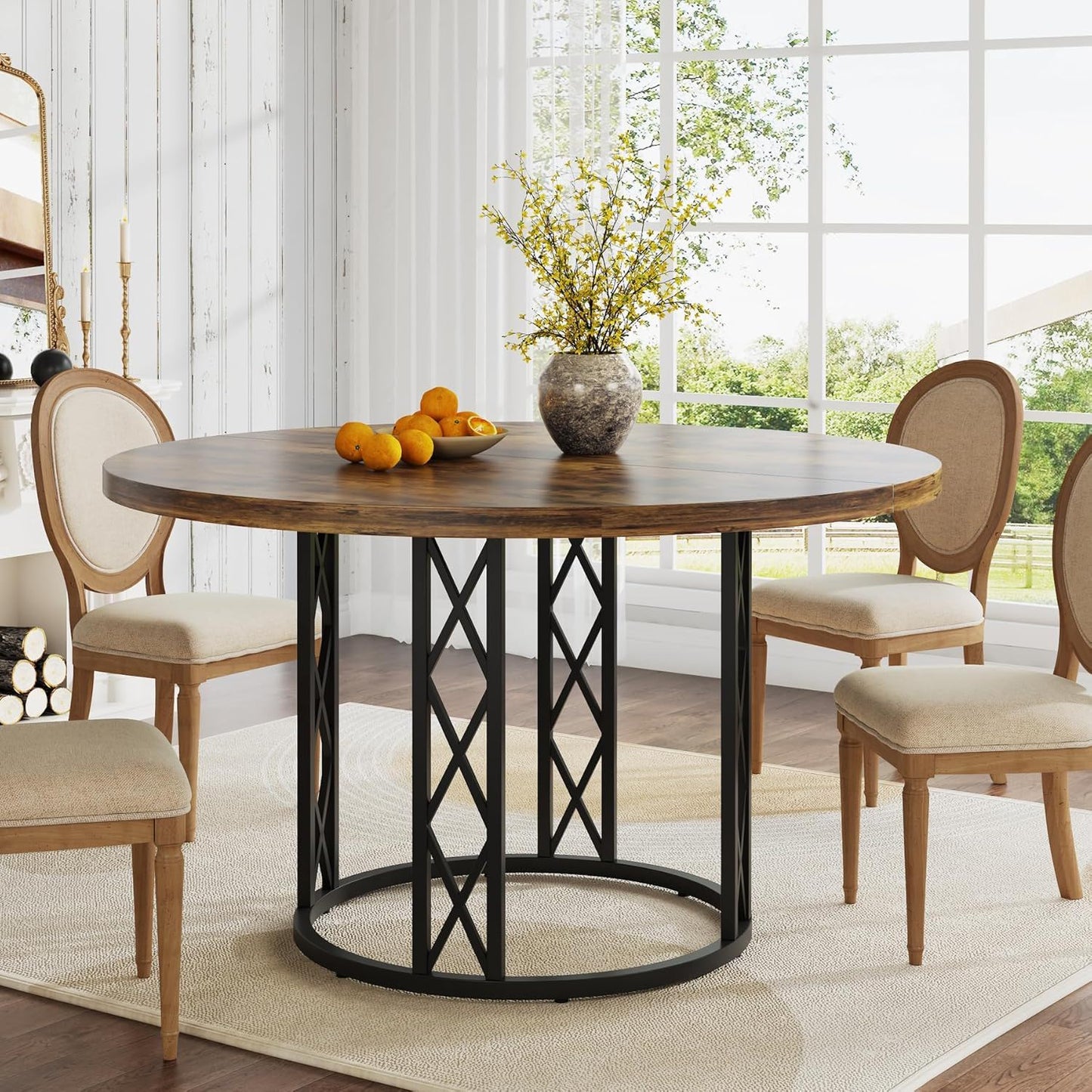 Round Dining Table With Circle Base - Brown / Black