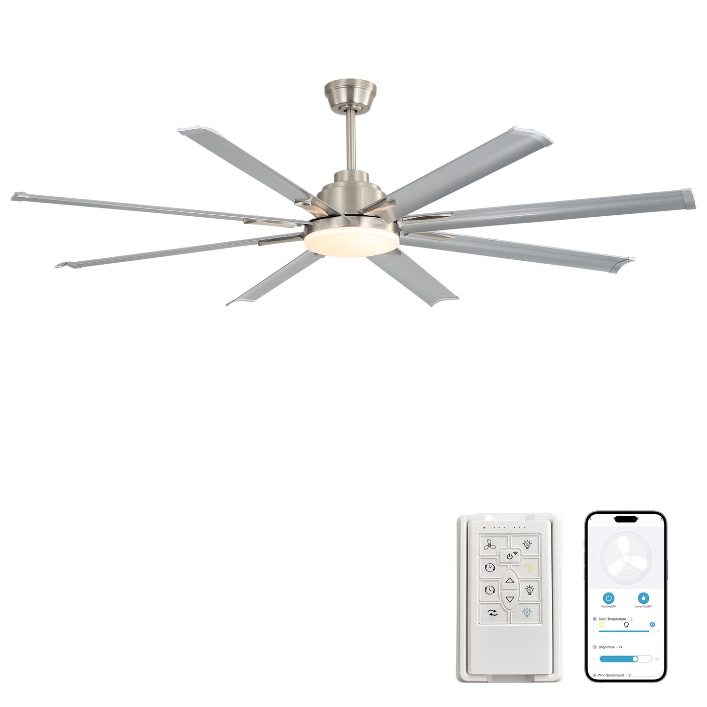 DC Motor Ceiling Fan With Dimmable Light And 8 Blade Aluminum Blades - Nickel
