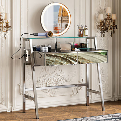 33.9" Mirrored Makeup Vanity Desk With Mirror And Lights, Mirrored Console Vanity Table With 2 Big Drawers & Open Shelf, Dressing Table With Charging Station For Bedroom - Silver