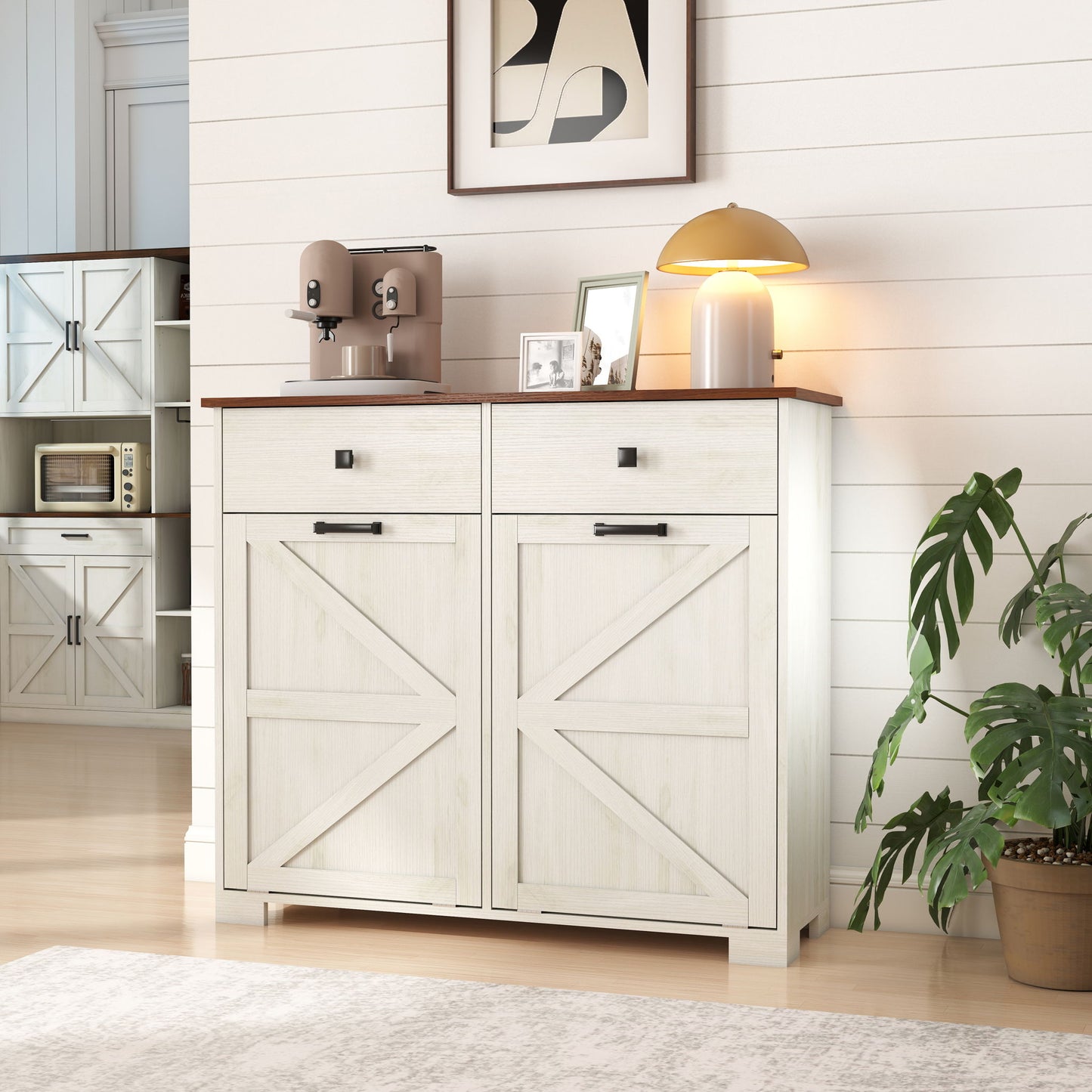 Double Tilt Out Trash Cabinet With Hideaway Drawer And Barn Door Style