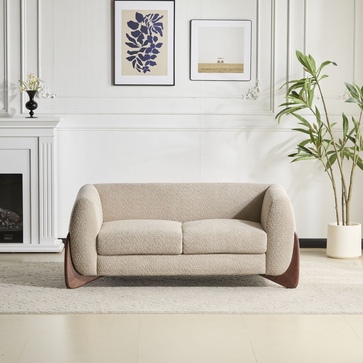 Contemporary Boucle Sherpa Sofa With Birch Wood Legs