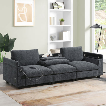 Sectional With Bluetooth Speaker Comfy Cloud Couch Set With Drop Down Table Cup Holders, USB Charger Storage Armrest Wide Seat Sofa