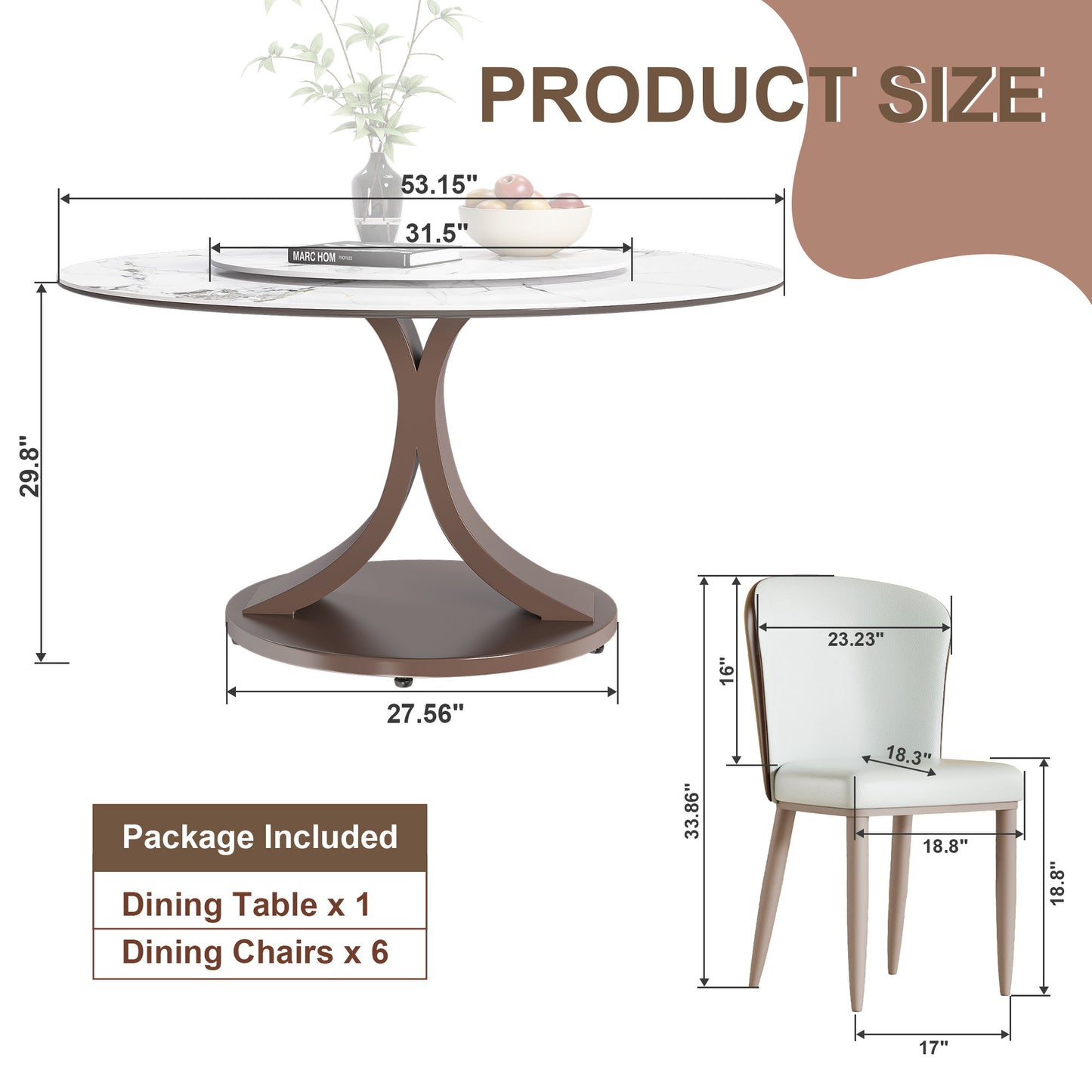 Round Dining Table With 360° Rotating Lazy Susan For Dining Room & Kitchen, 6 Chairs - White