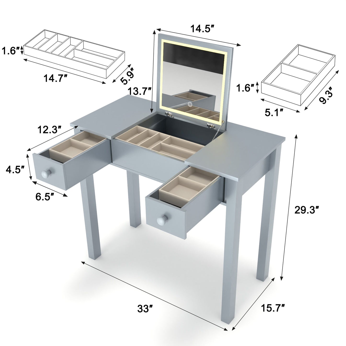 Vanity Table With LED Lights, Flip-Top Mirror And 2 Drawers, Jewelry Storage