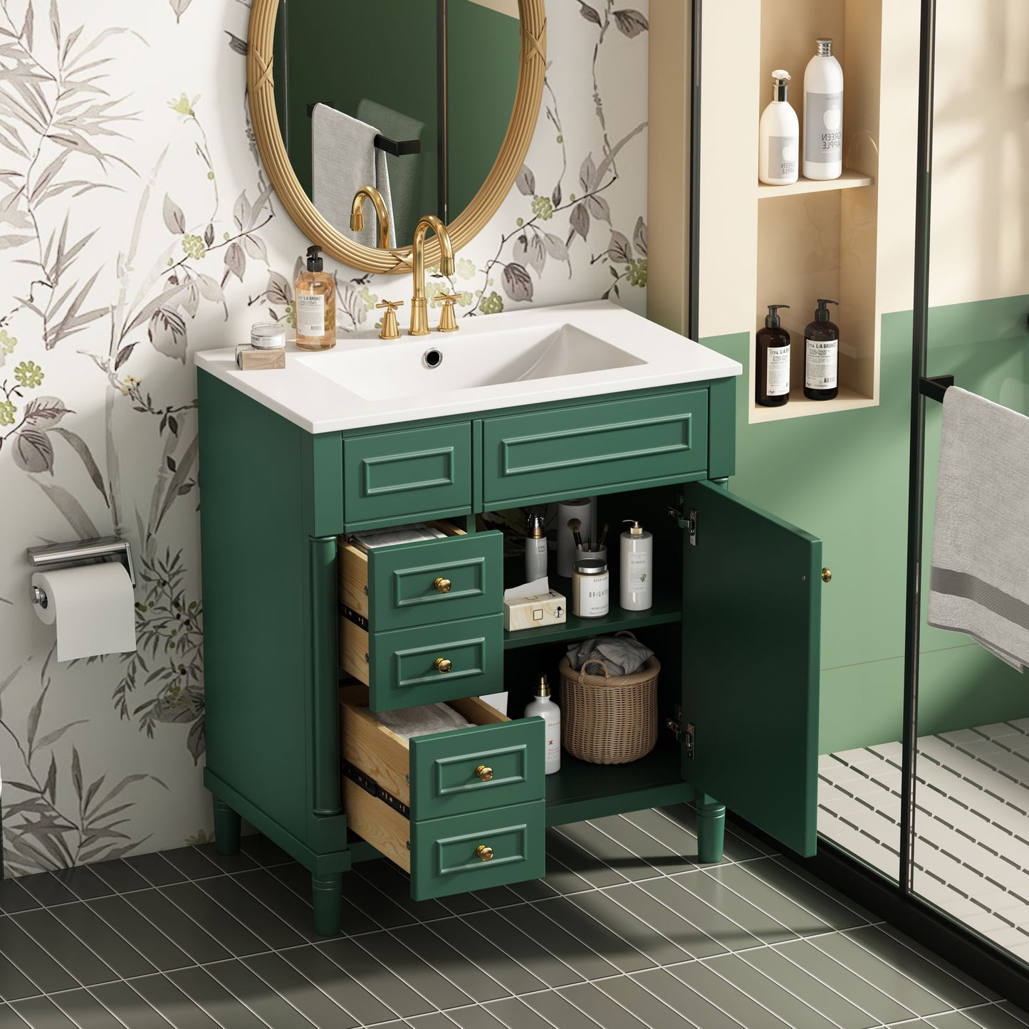 Bathroom Vanity With Sink, Freestanding Storage Cabinet & 2 Drawers And Soft Closing Door, Solid Legs, Frame, Basin,