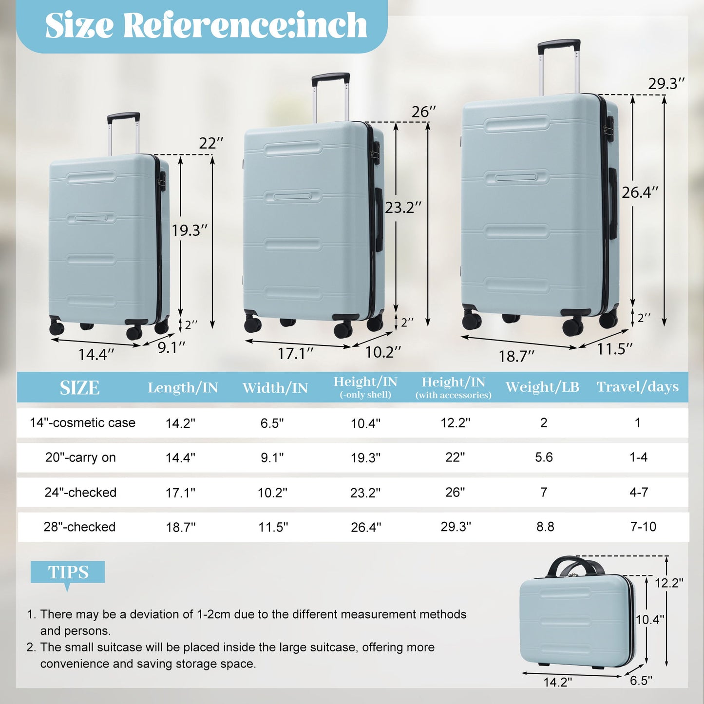 6 Piece Lightweight Hardshell Luggage Set With Double Spinner Wheels, Password Lock