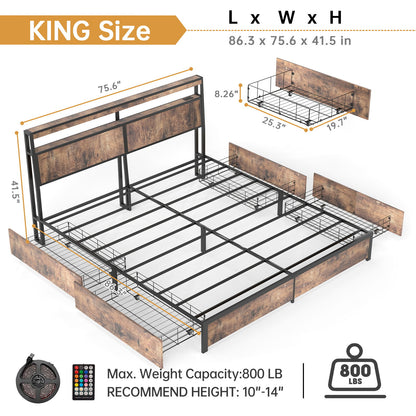 Bed Frame With Headboard, LED Lights & Charging Station