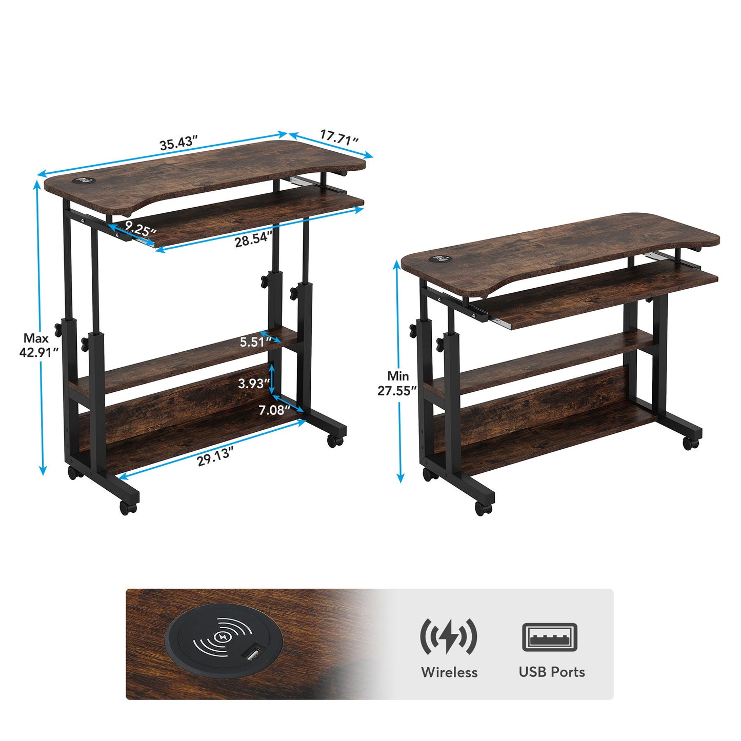 Portable Adjustable Desk With Power Outlets, USB Charging Ports, And Sliding Keyboard Tray - Brown / Black