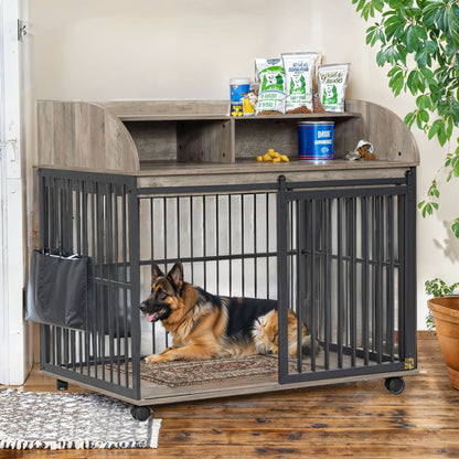 Heavy Duty Dog Crate Furniture For Medium Dog With Lockable Wheels, Wooden Dog Crate Dog Kennel, End Table Crate With Double Layer Storage