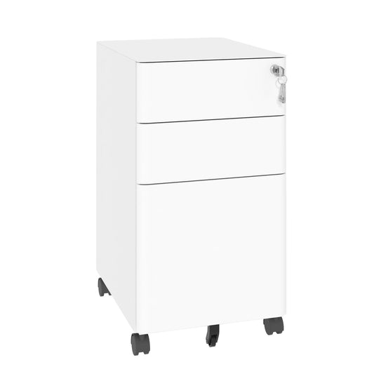 3-Drawer Mobile File Cabinet With Lock, On Wheels, Two Shallow & One Deep Drawer For Office/Home, Fully Assembled - White