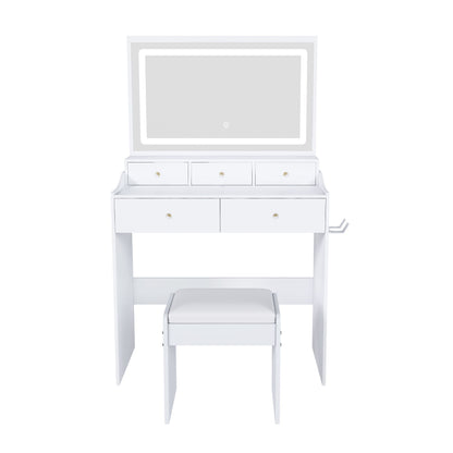 Modern Makeup Vanity Set With Power Outlet, Hair Dryer Holder, And Adjustable Lighting